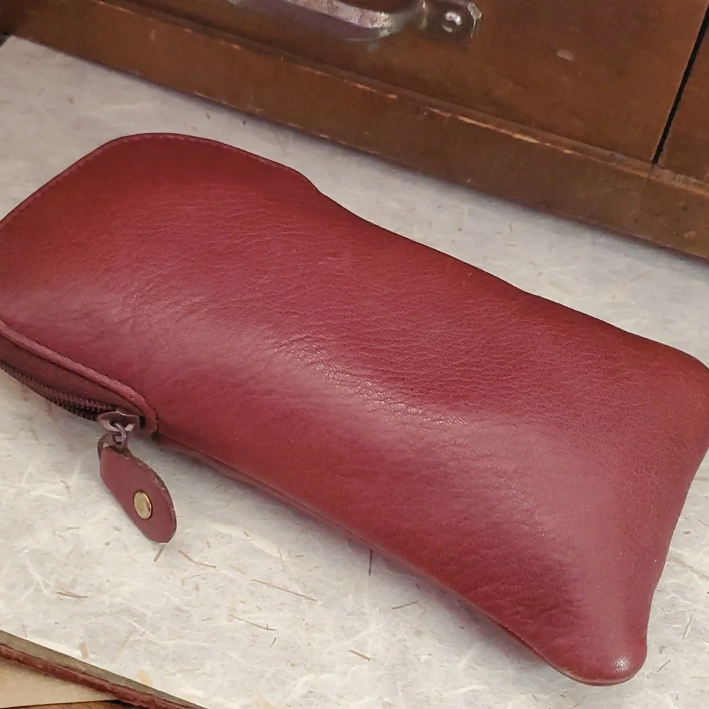 Burgundy color genuine leather eyeglass case. AG